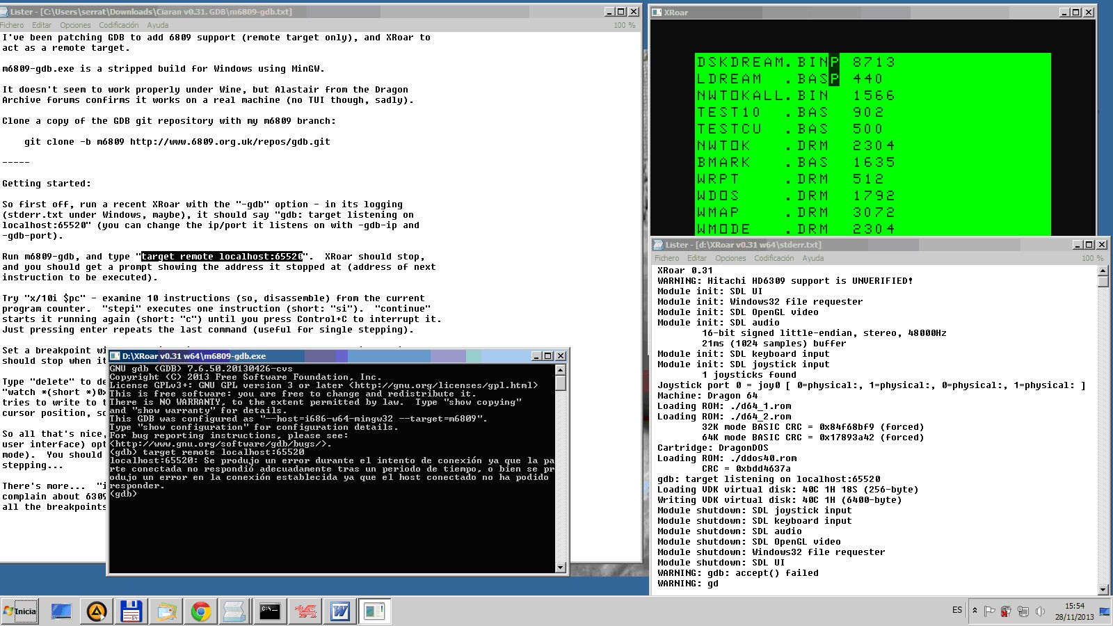 screen dump with xroar log and m6809-gdb error