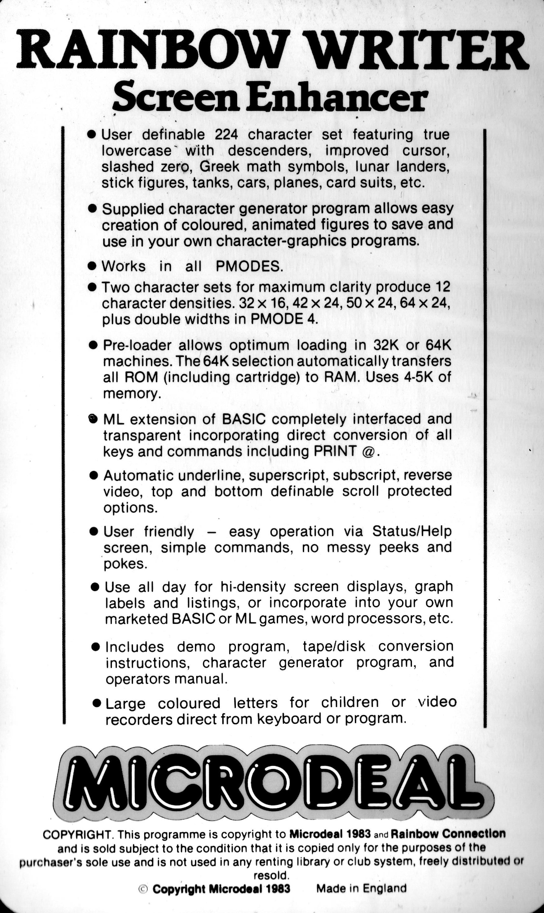 Raibow Writer Features (backside of the Pack)