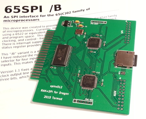 The spinx512 board. One CPLD for memory banking and address decoding, the other for the SPI interface.